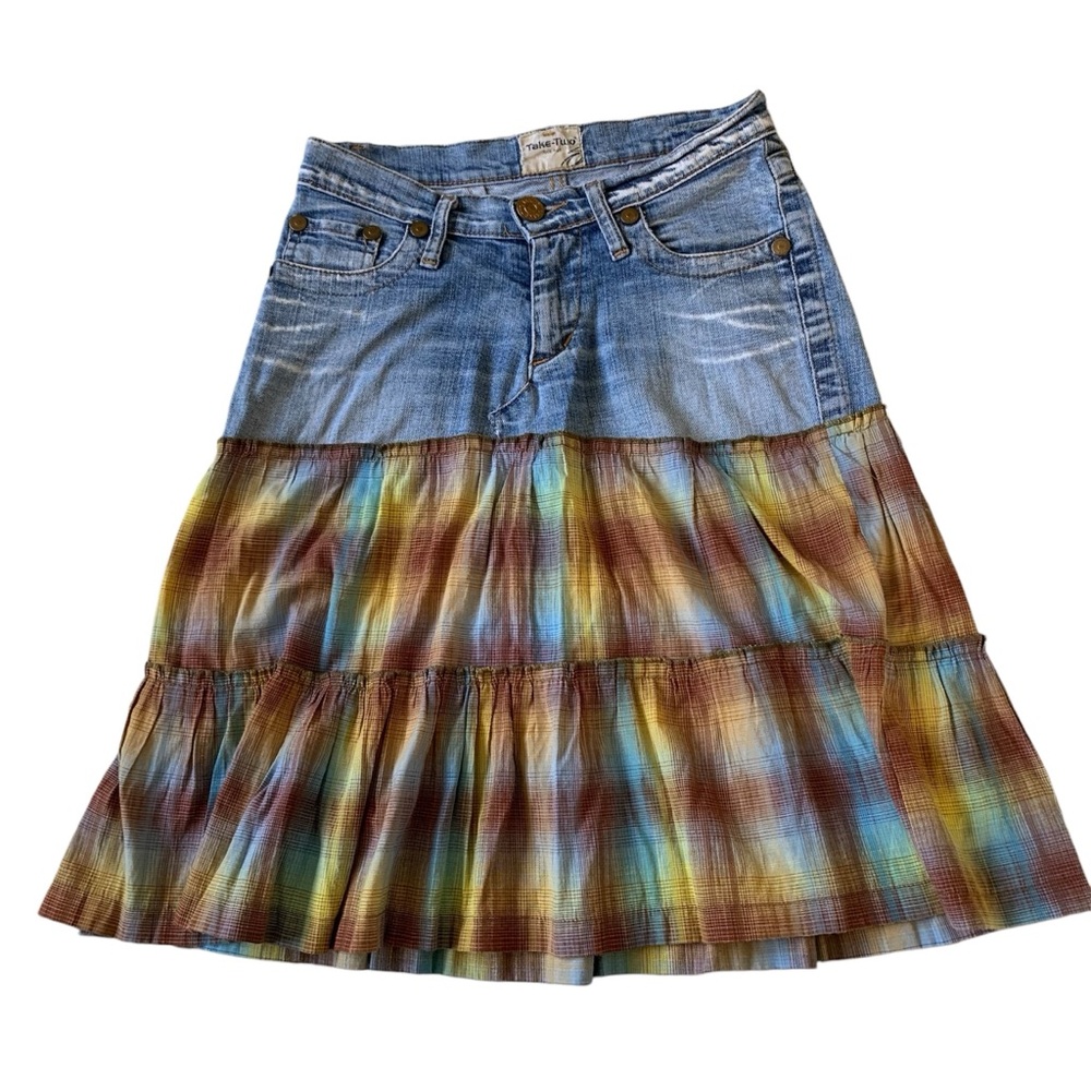 TAKE-TWO | Denim Skirt with Gathered Plaid Tiers Made in Italy 27” Waist